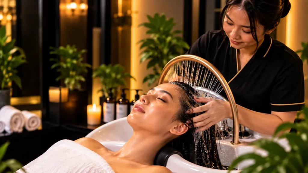 Therapist washing a guest’s hair during a relaxing Vietnamese head spa ritual