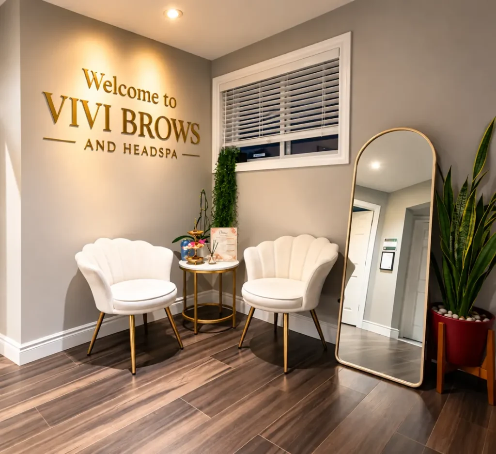 Welcome area at Vivi Brows & Head Spa with a gold Welcome to Vivi Brows and Headspa sign